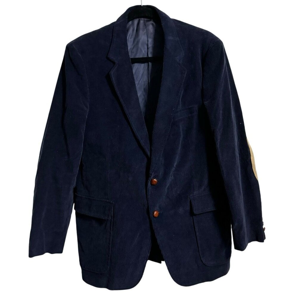 Vtg JORDACHE Corduroy Blazer Jacket Blue elbow Patches Western Camel Fits 42R
